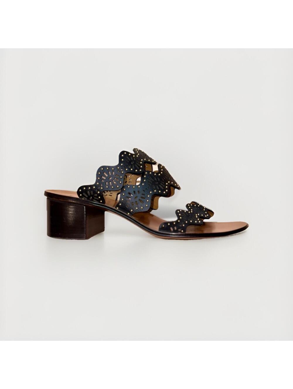 Chloé Lauren Laser Cut Studded Block Heel Sandals Black Leather EU 37 US 7